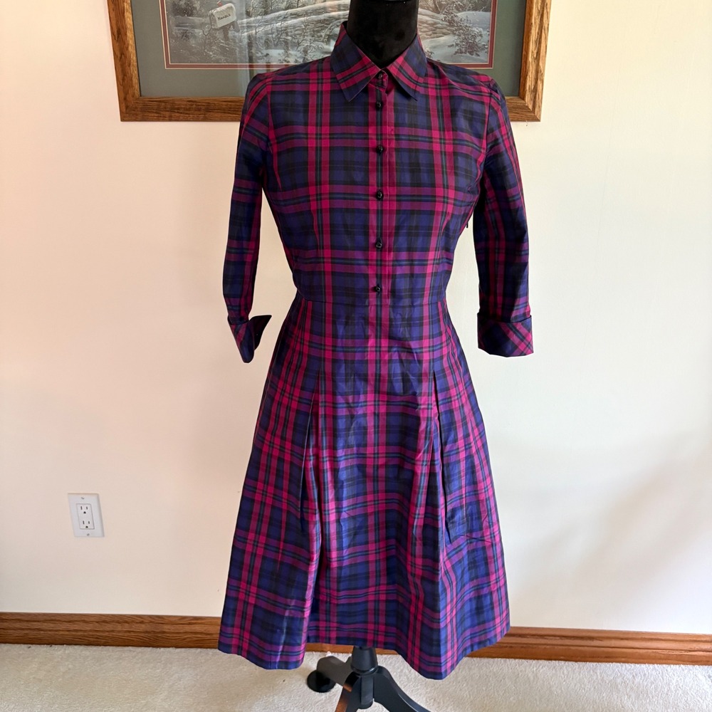 Talbots Petites Silk Cotton Plaid Shirt Dress Magenta Purple Navy 4P Belted